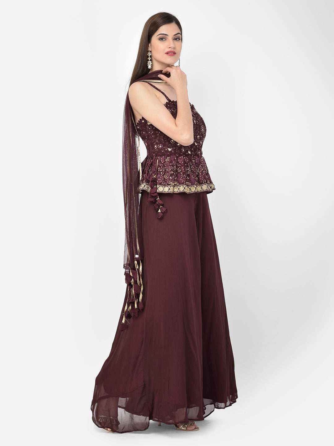 Neerus Maroon georgette peplum kurta set - side view