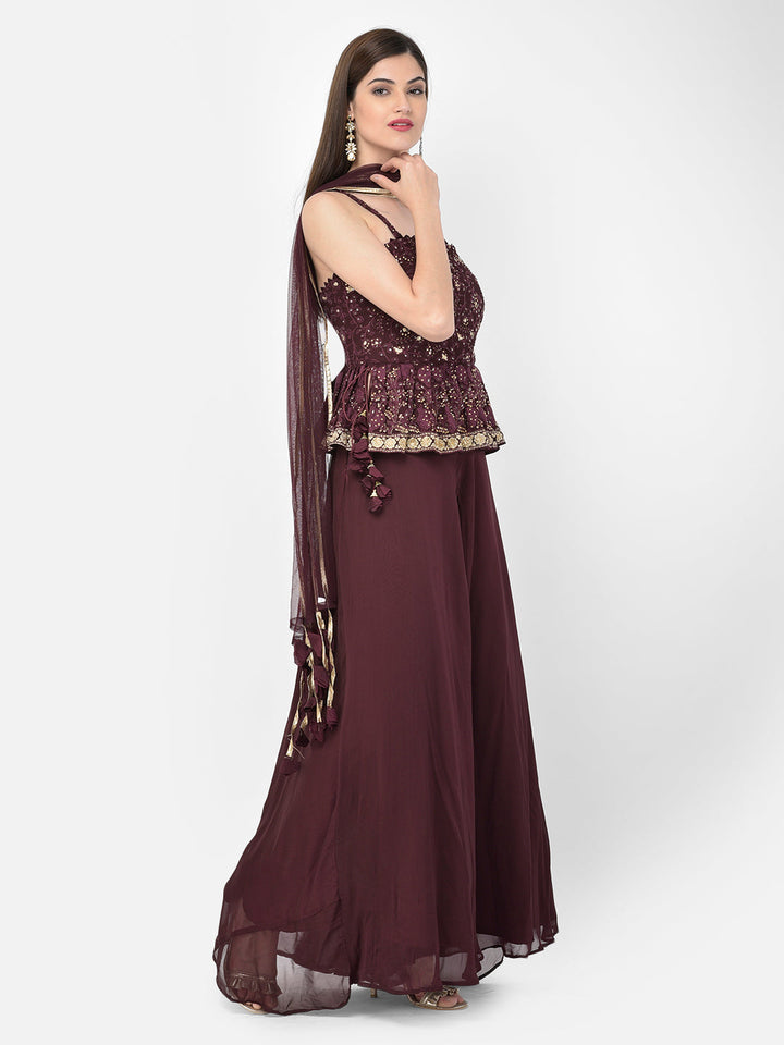 Neerus Maroon georgette peplum kurta set - side view