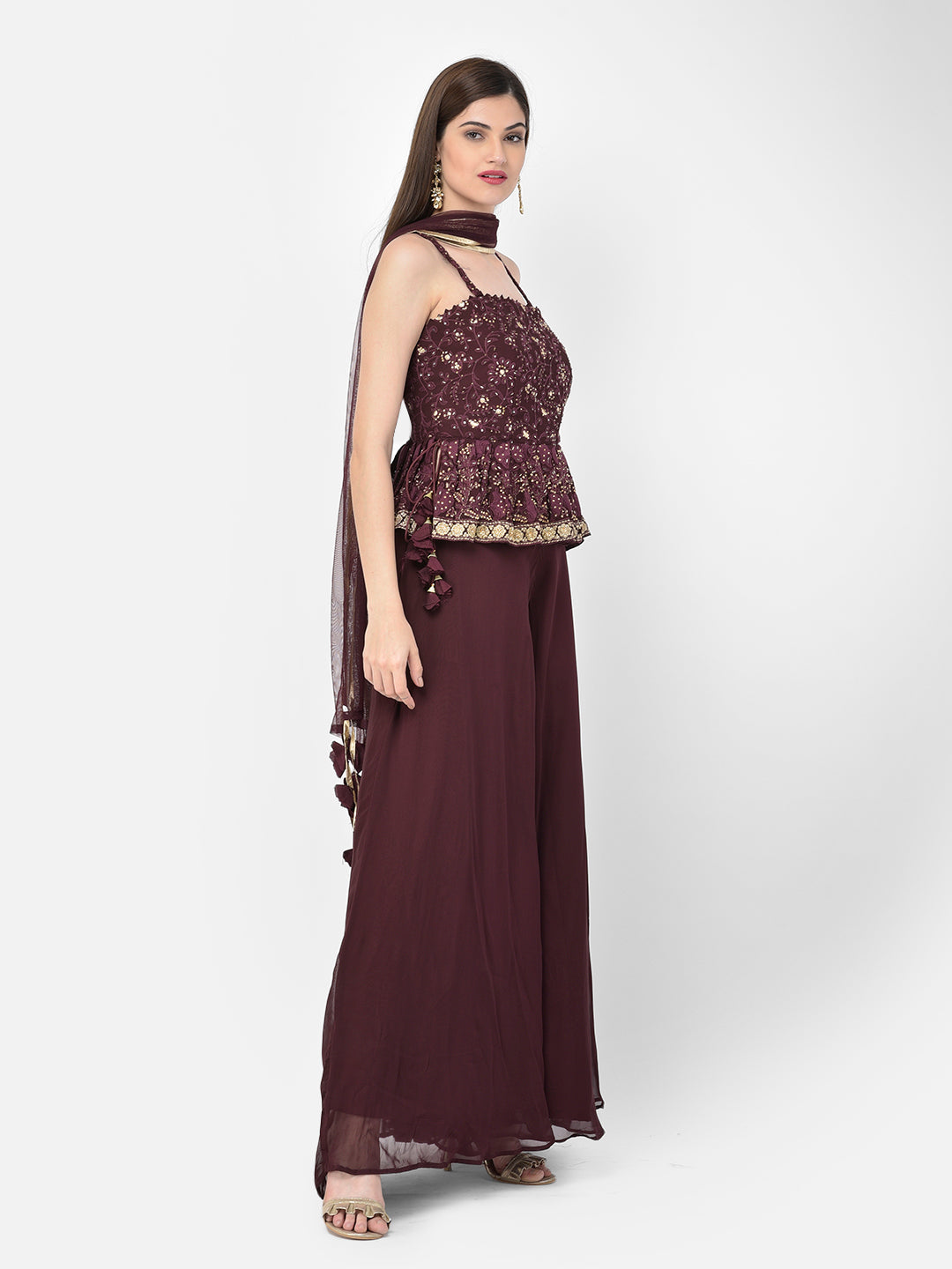 Neerus Maroon georgette peplum kurta set - detail view 1