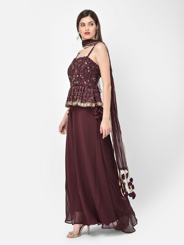 Neerus Maroon georgette peplum kurta set - detail view 2