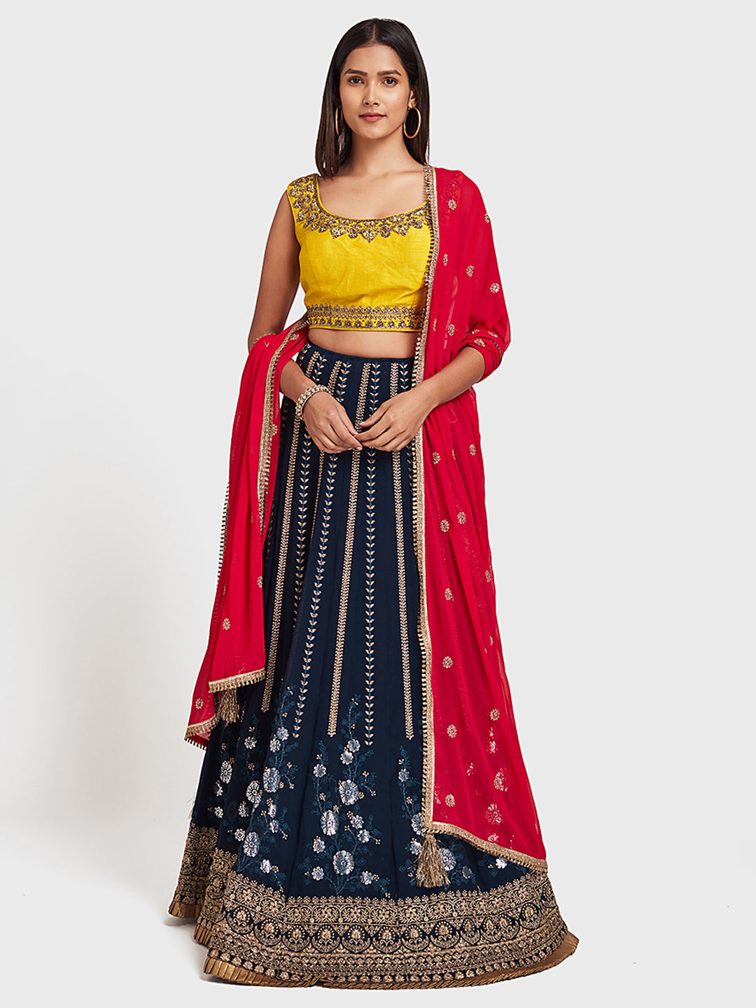 Neerus Blue Georgette Embellished Lehenga Ghagra Set - front view