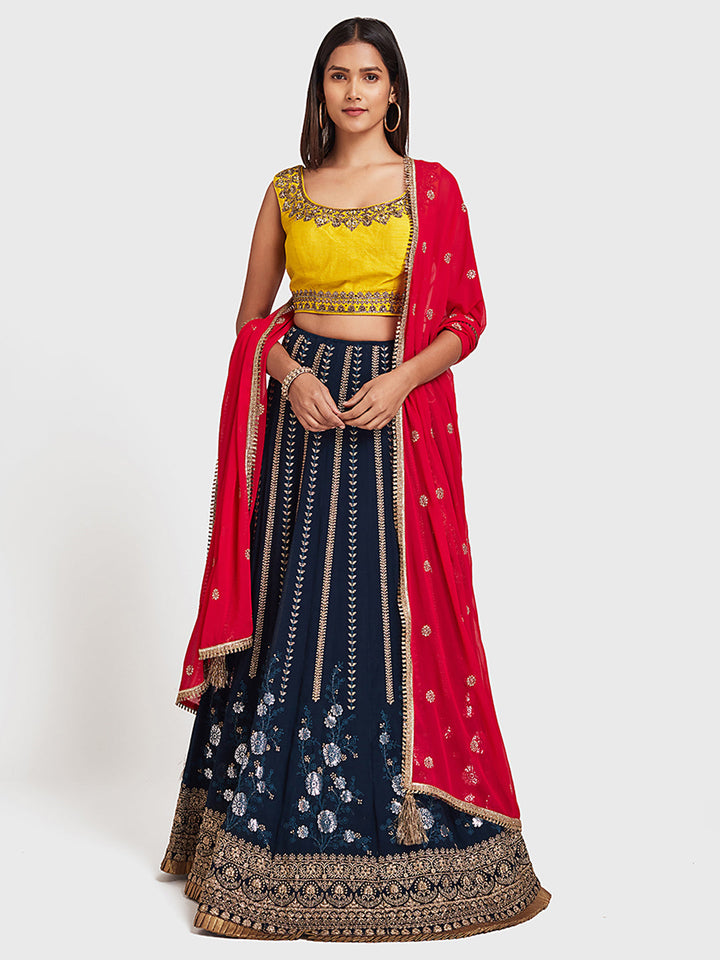 Neerus Blue Georgette Embellished Lehenga Ghagra Set - front view