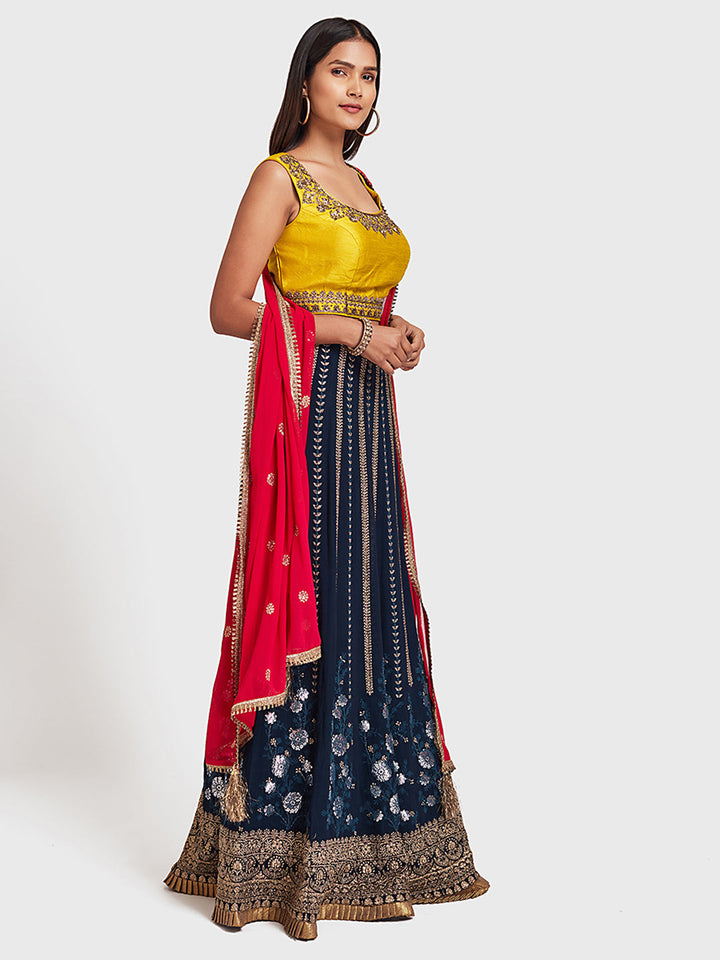 Neerus Blue Georgette Embellished Lehenga Ghagra Set - back view