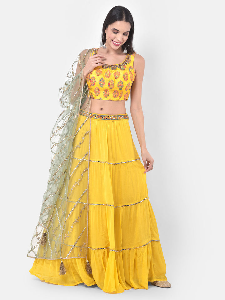 Neerus Yellow georgette printed lehenga set - detail view 3