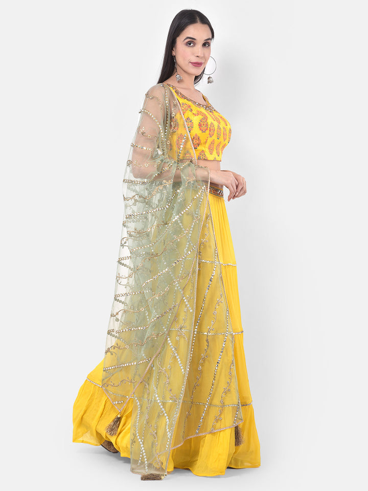 Neerus Yellow georgette printed lehenga set - front view