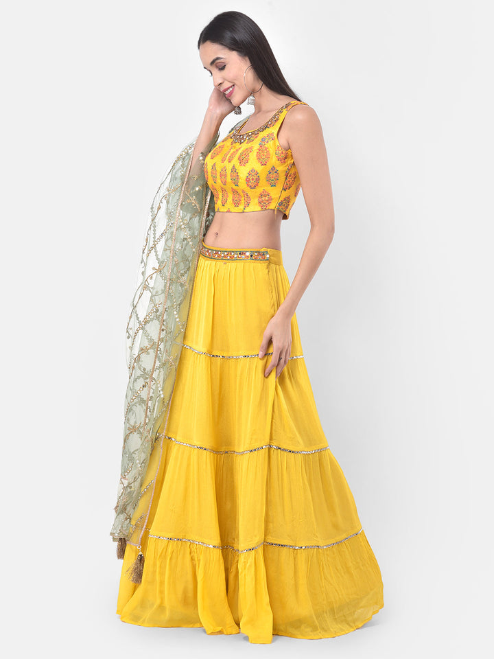 Neerus Yellow georgette printed lehenga set - back view