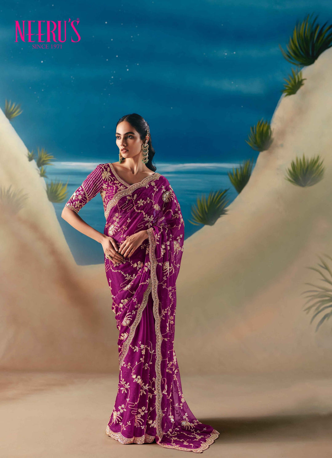 Neerus Pink tissue hand embroidered saree - front view