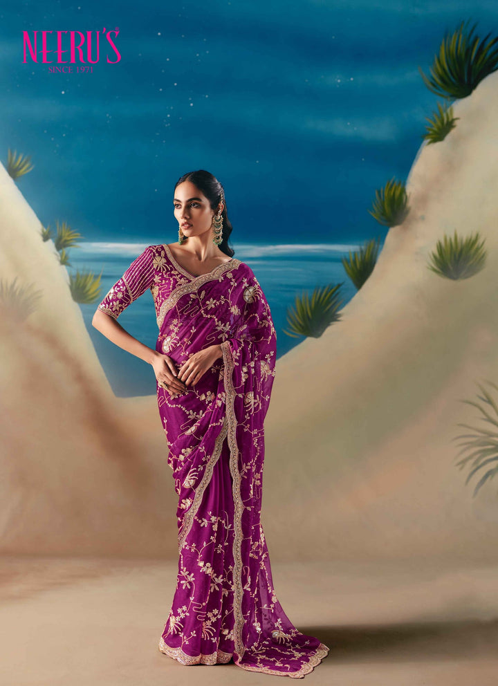 Neerus Pink tissue hand embroidered saree - front view