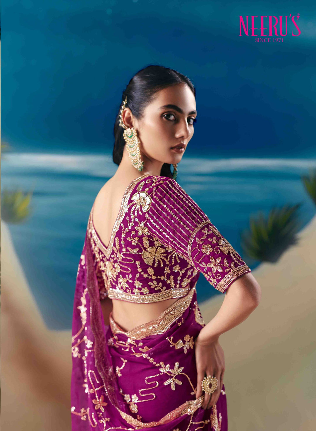 Neerus Pink tissue hand embroidered saree - back view