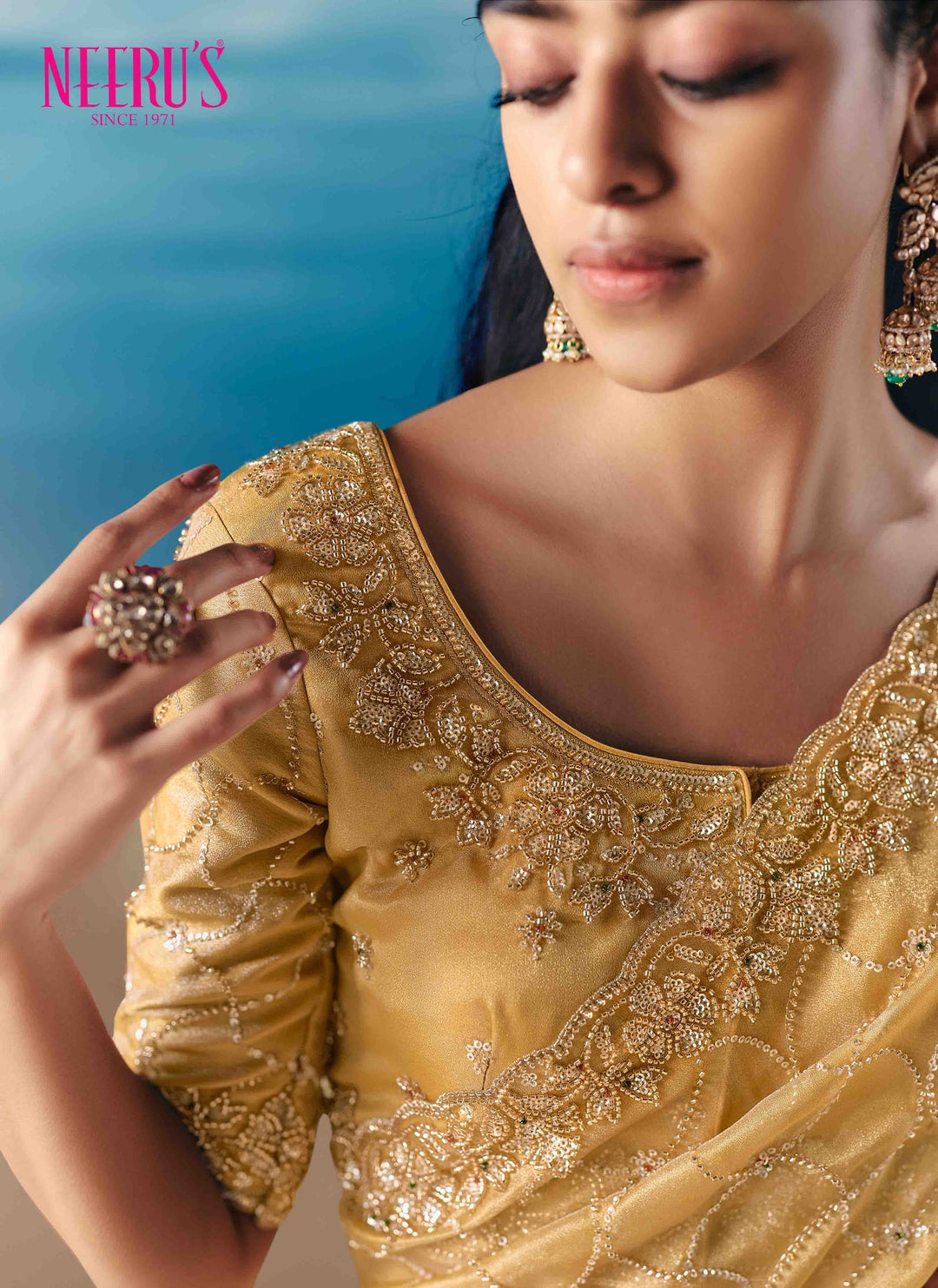 Neerus Yellow tissue hand embroidered saree with floral stone work - back view