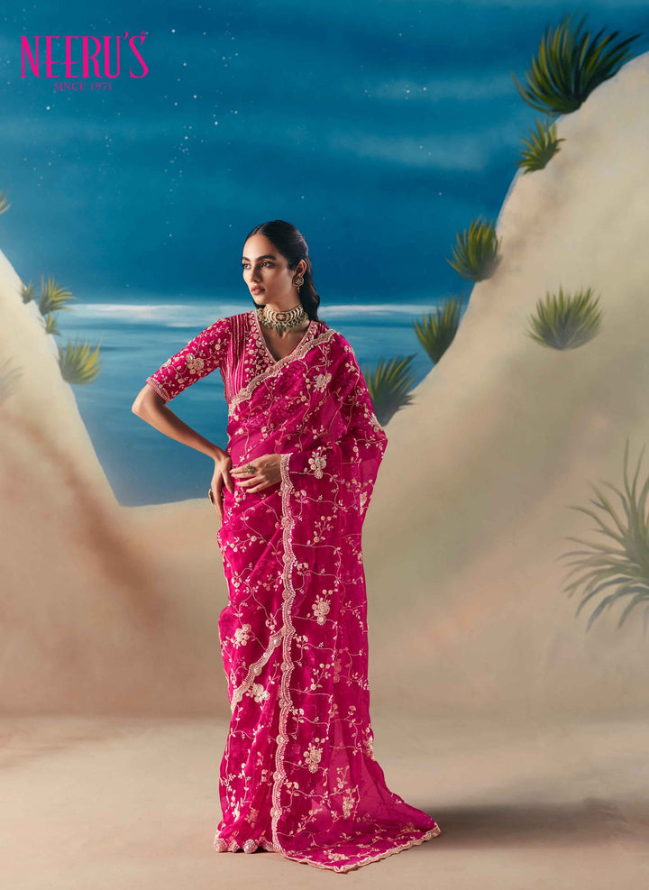 Neerus Pink tissue hand embroidered saree - front view