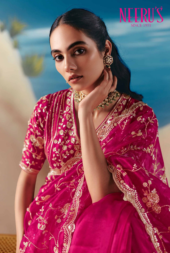 Neerus Pink tissue hand embroidered saree - back view