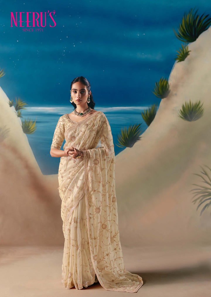 Neerus Beige tissue hand embroidered saree - front view
