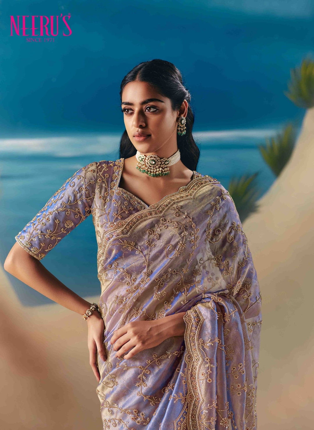 Neerus Purple tissue hand embroidered saree - back view