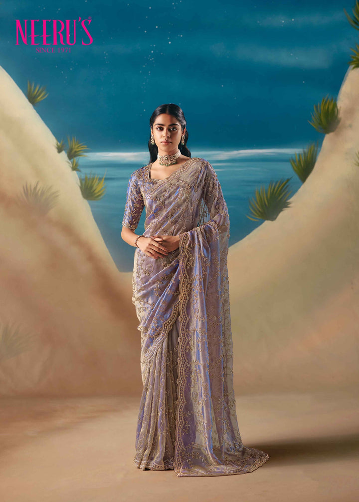 Neerus Purple tissue hand embroidered saree - front view