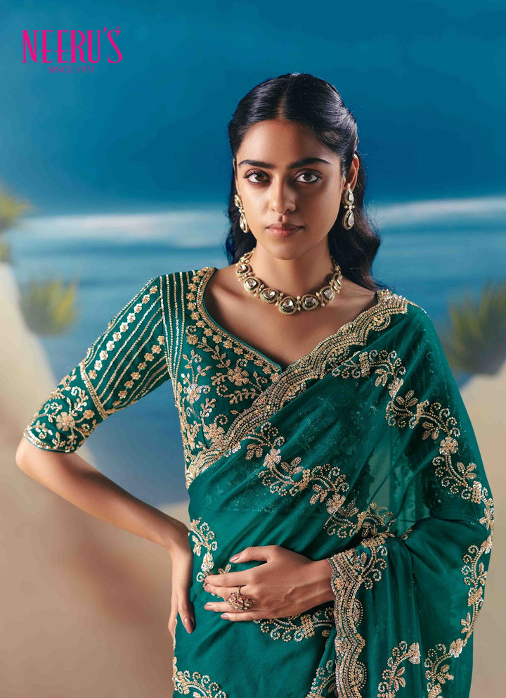 Neerus Green tissue hand embroidered saree - back view