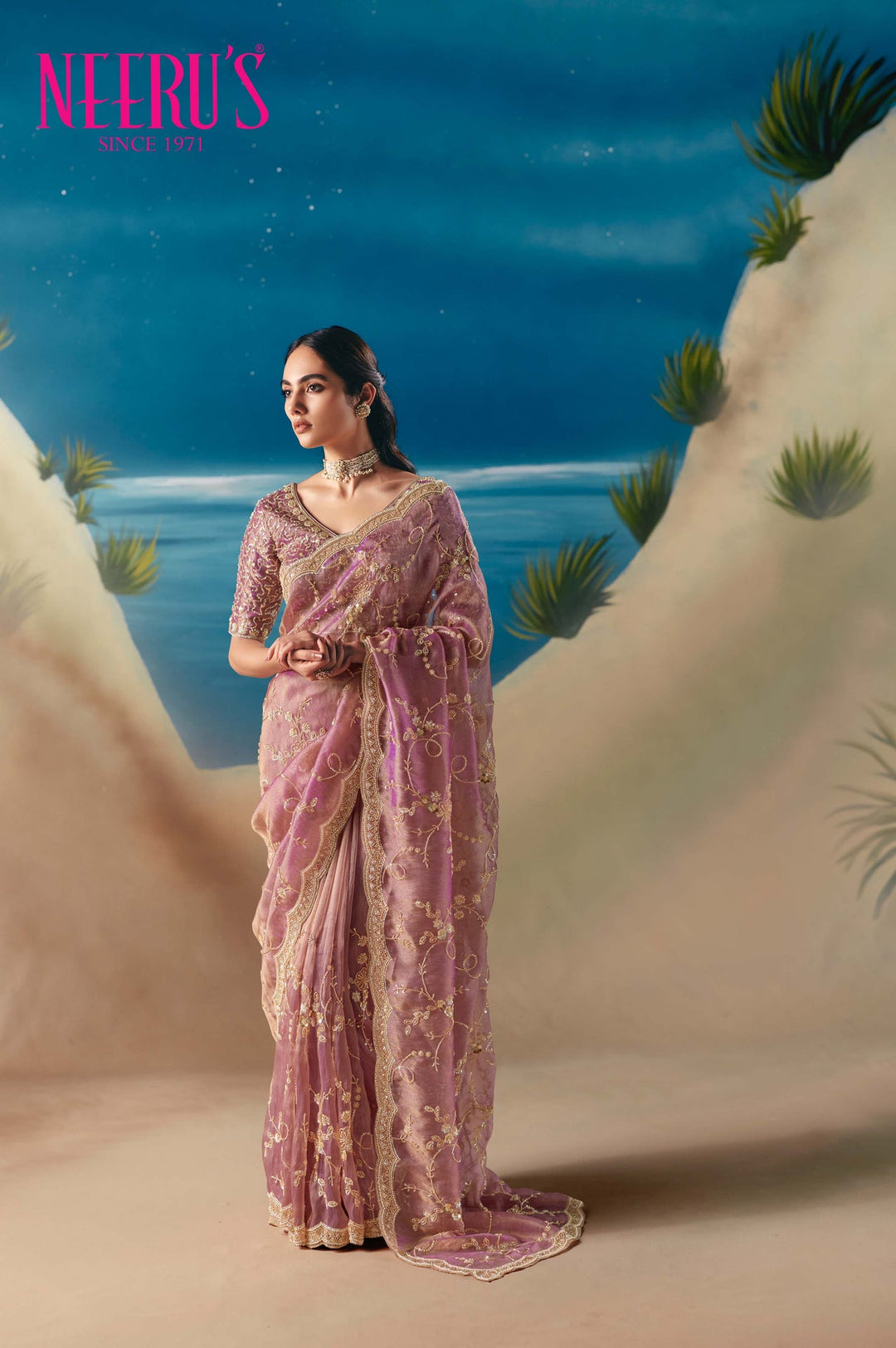 Neerus Pink tissue hand embroidered saree - back view