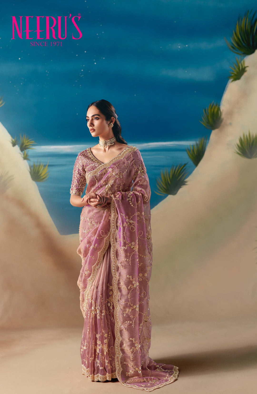 Neerus Pink tissue hand embroidered saree - front view