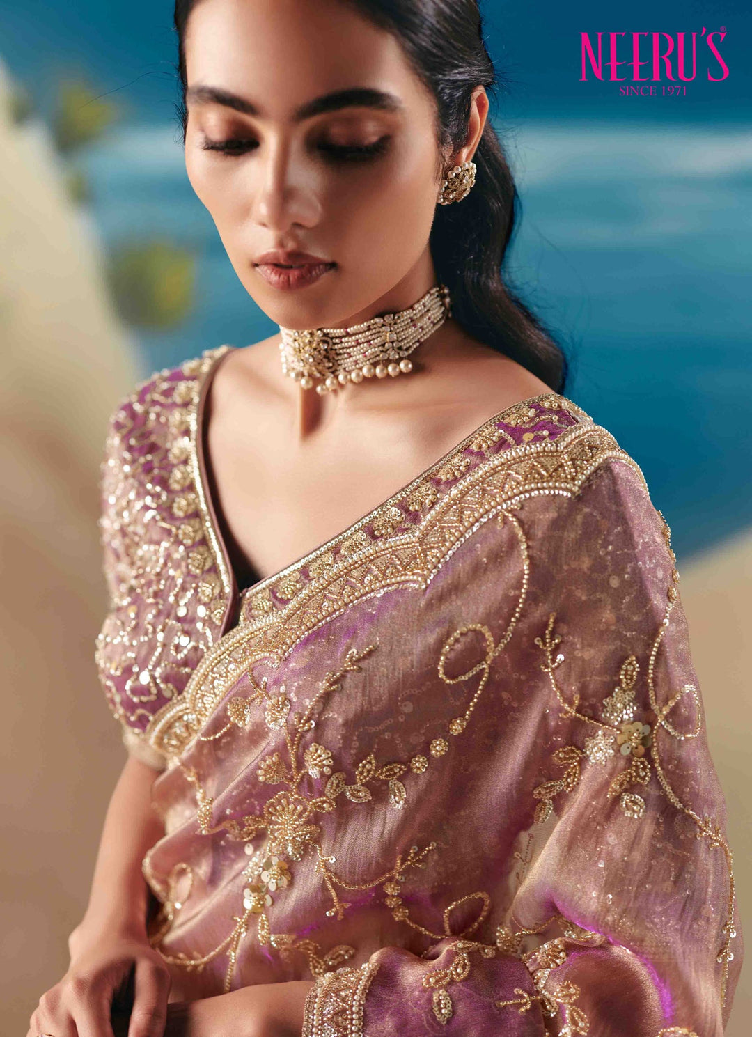 Neerus Pink tissue hand embroidered saree - side view