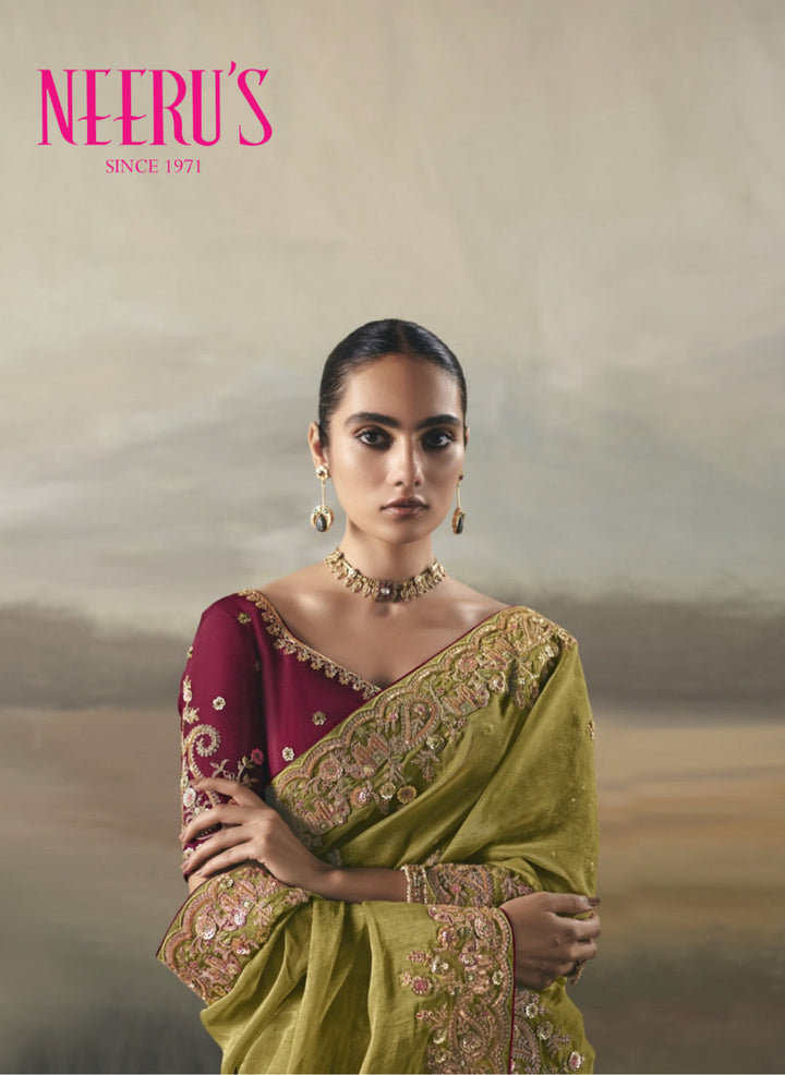 Neerus Green tissue hand embroidered saree - back view