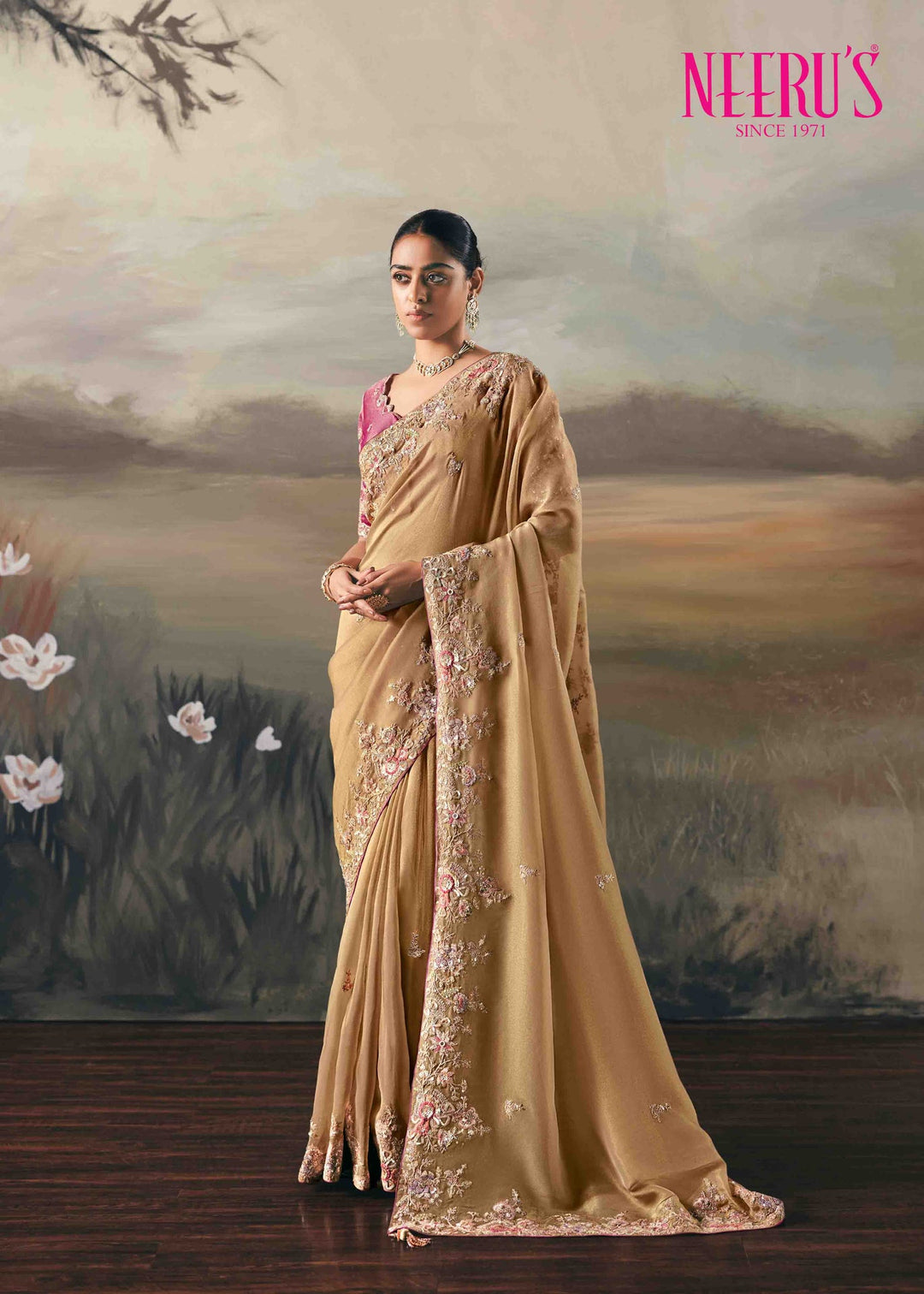 Neerus Pink tissue hand embroidered saree - front view