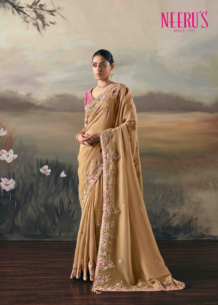 Neerus Pink tissue hand embroidered saree - front view