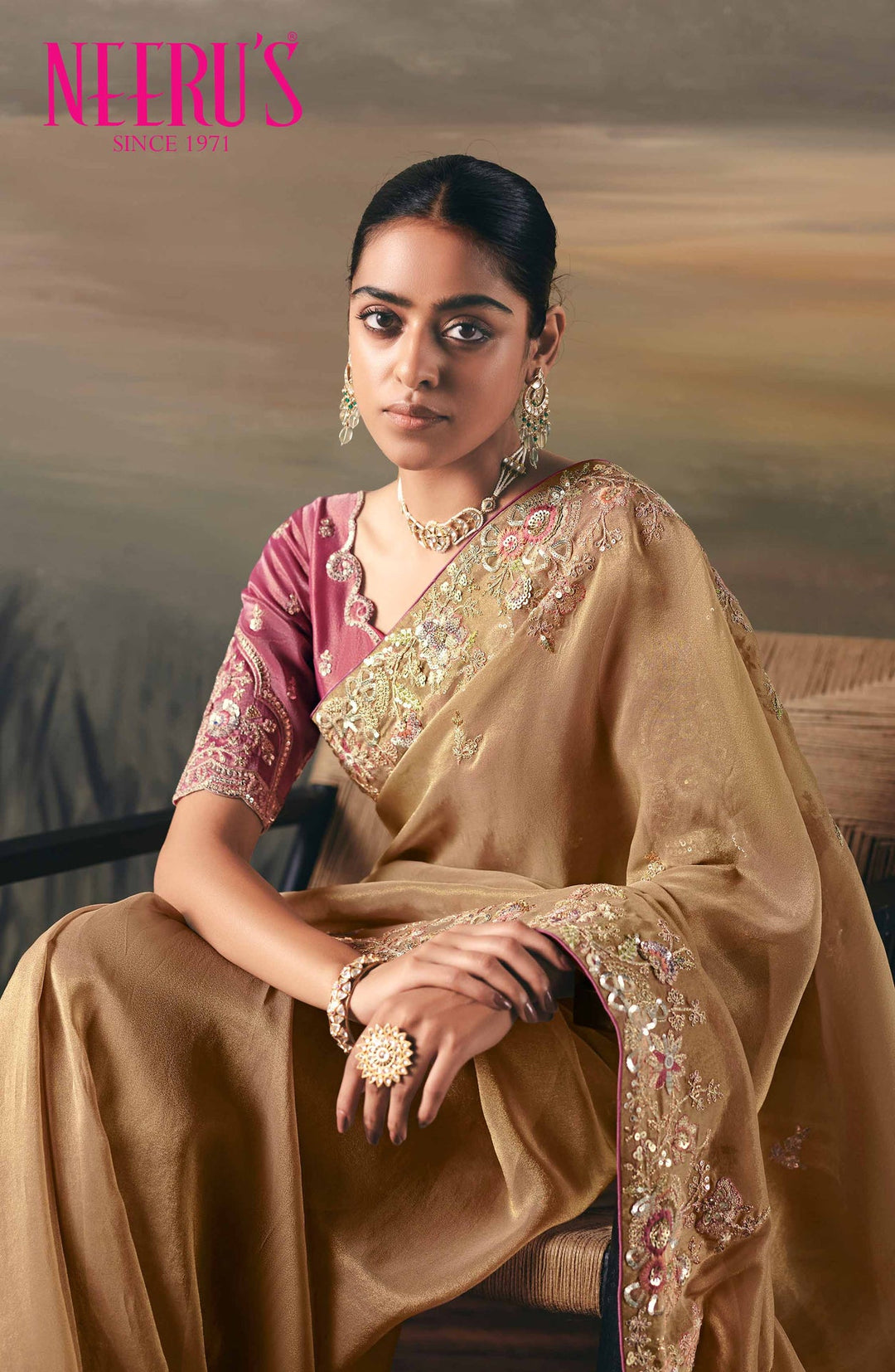 Neerus Pink tissue hand embroidered saree - back view
