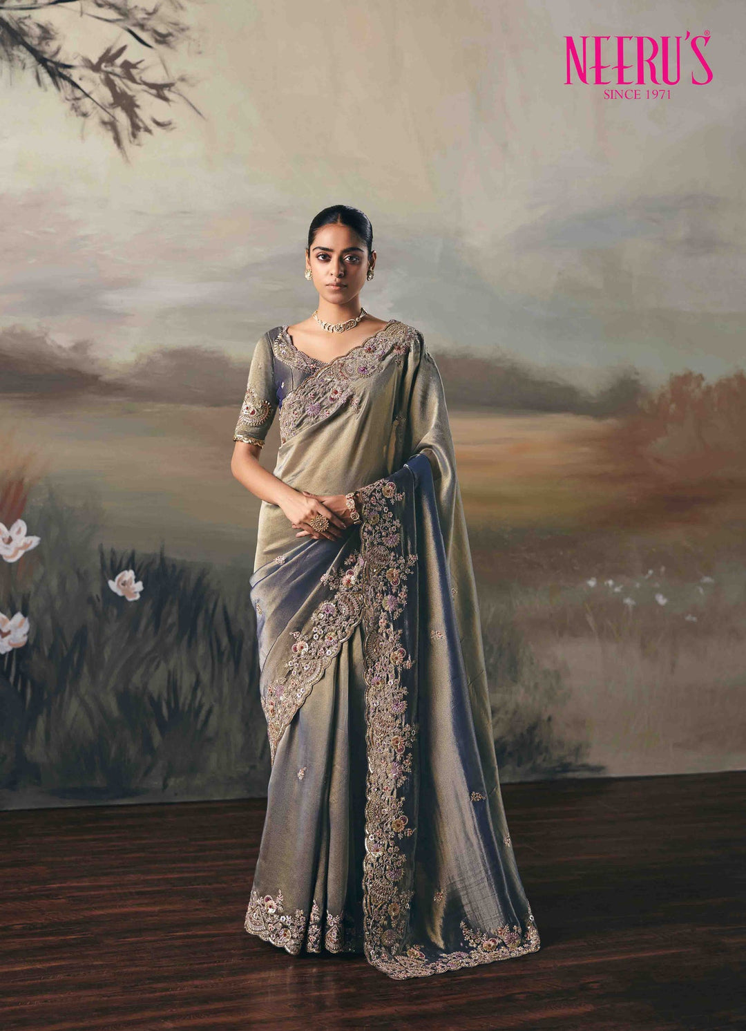 Neerus Blue tissue hand embroidered saree - front view