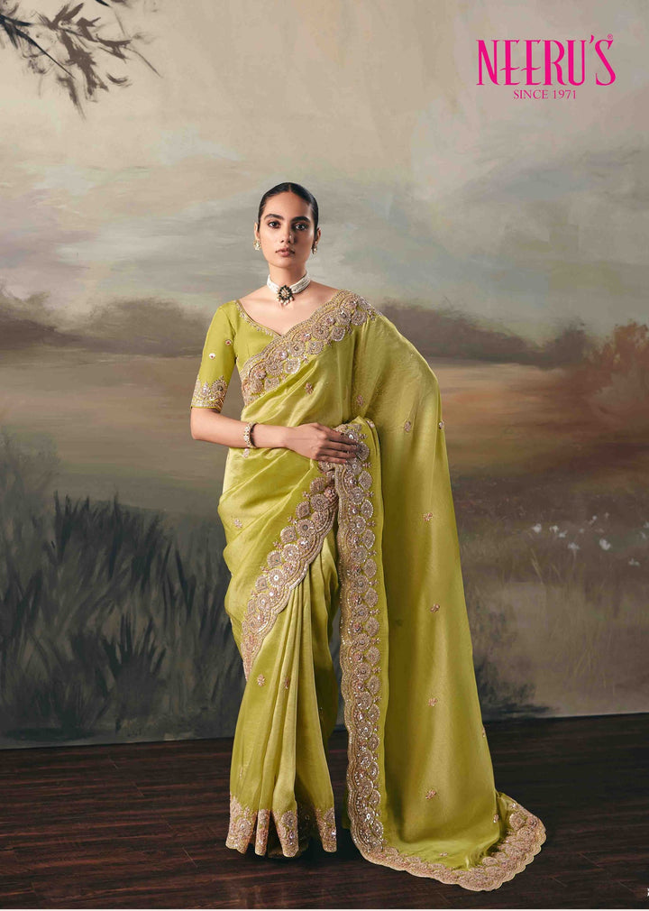 Neerus Green tissue embellished saree - back view
