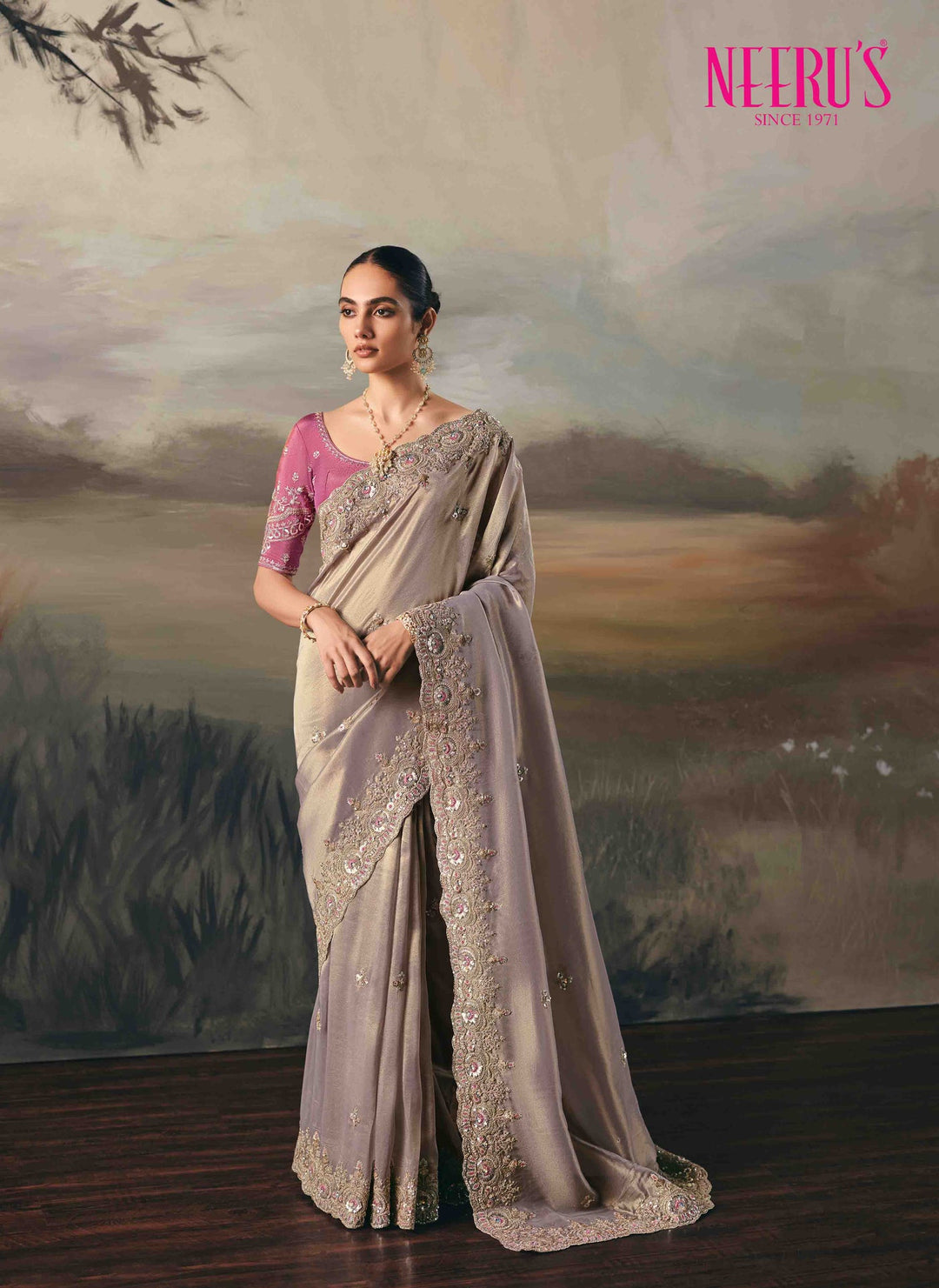 Neerus Purple tissue embellished saree with zari and sequins work - front view