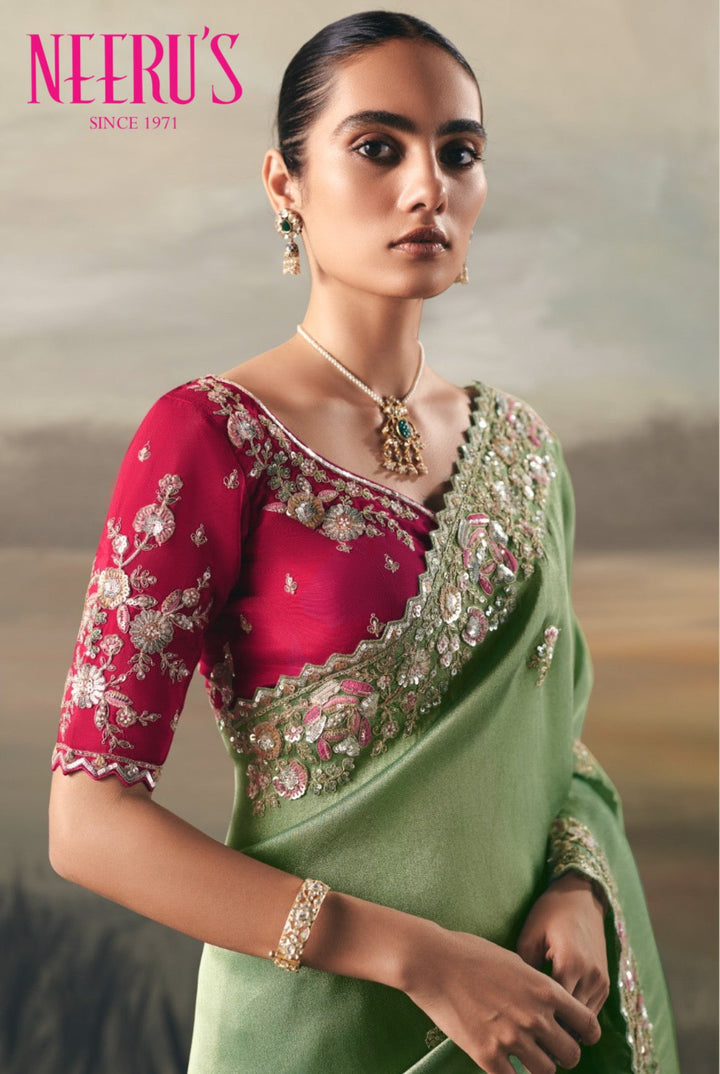 Neerus Green tissue embellished saree with sequins and zari work - back view