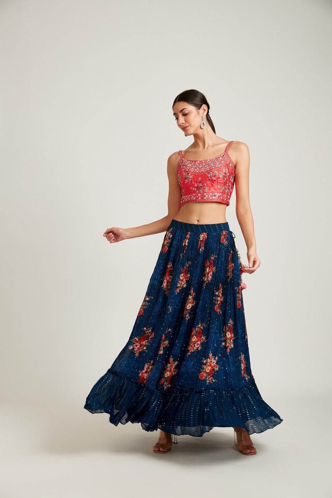 Neerus Blue Georgette Embellished Lehenga Choli Set - back view