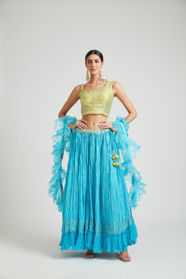 Neerus Green Georgette Embellished Lehenga Choli Set - front view