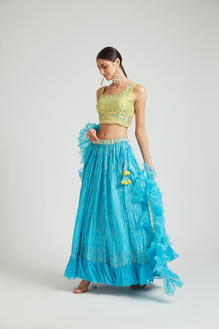 Neerus Green Georgette Embellished Lehenga Choli Set - back view