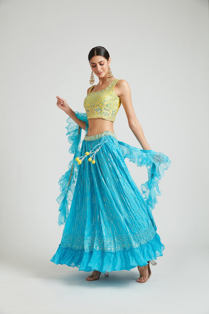 Neerus Green Georgette Embellished Lehenga Choli Set - side view