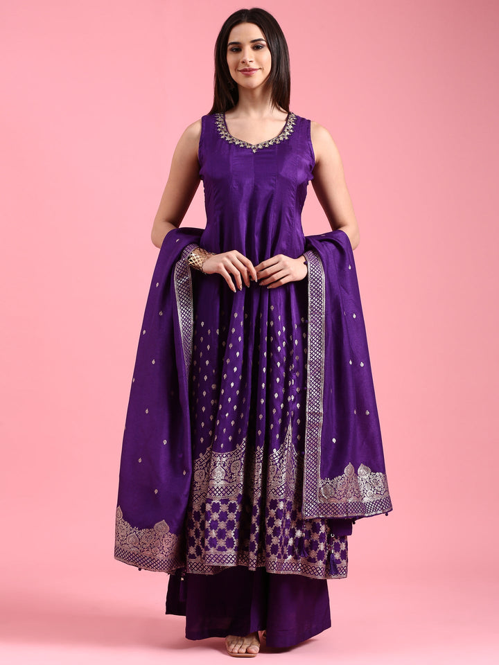 Neerus Purple silk woven suit set - front view