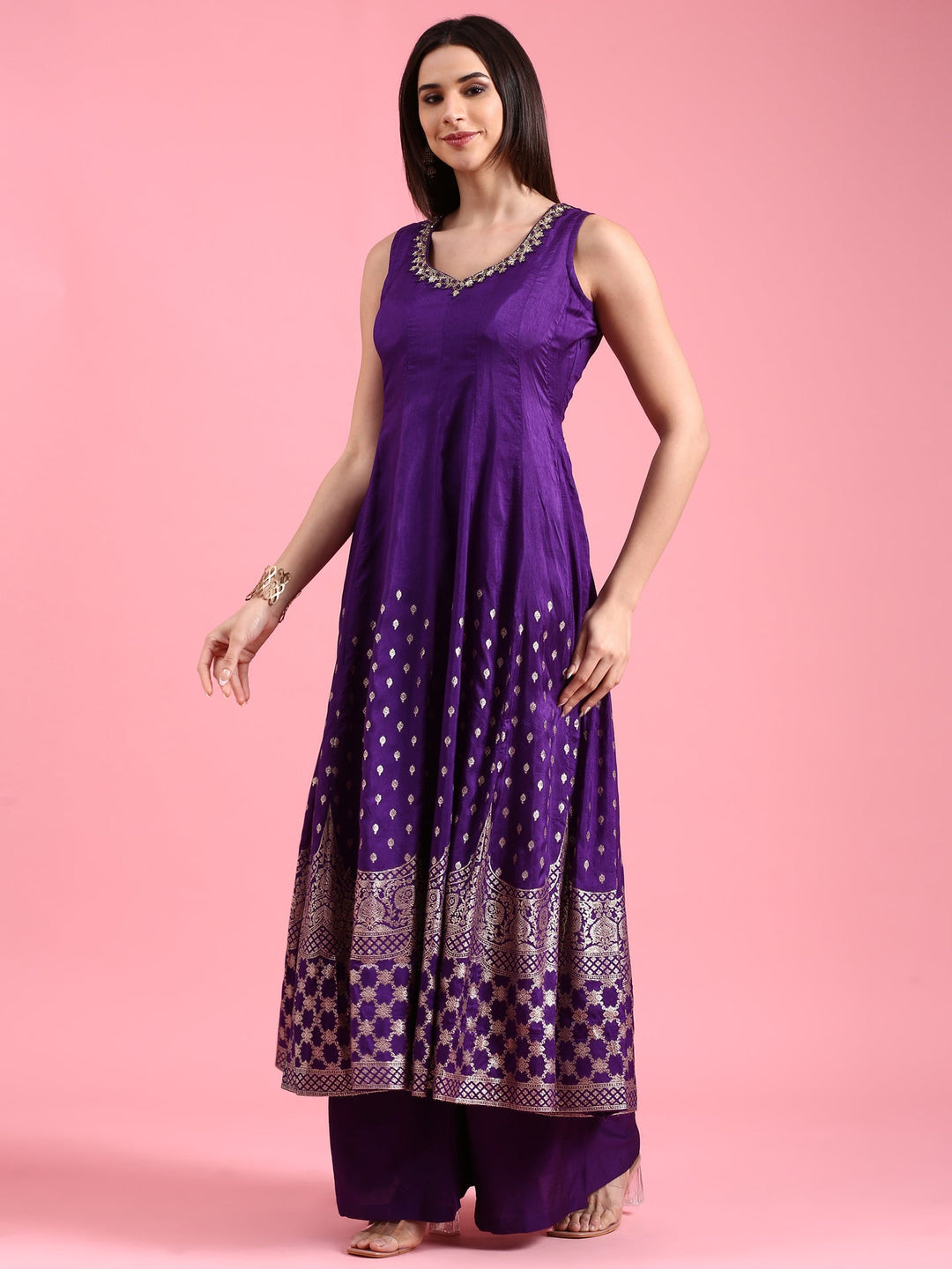 Neerus Purple silk woven suit set - back view