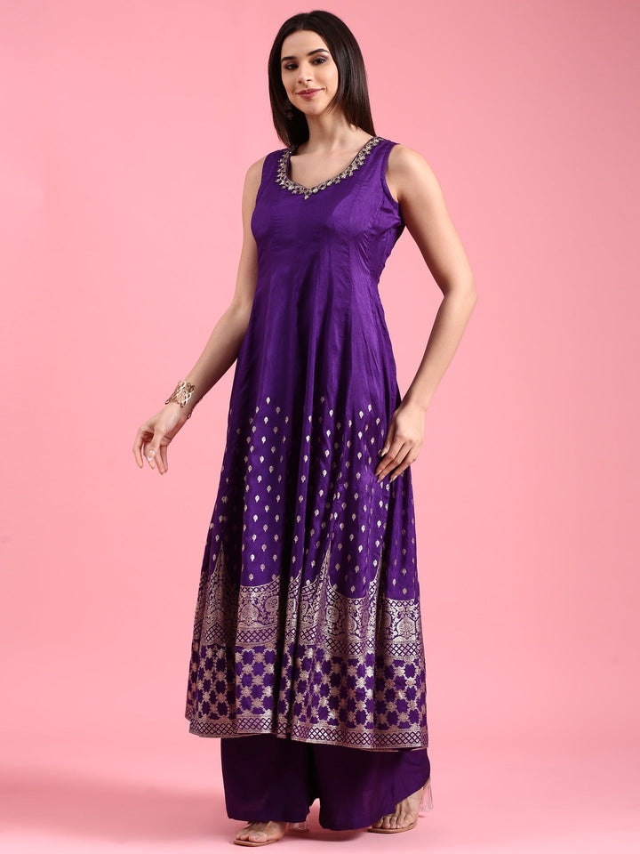Purple Silk Weaving Long Kali With Palazzo