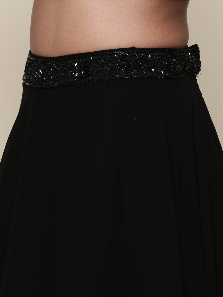 Neerus Black georgette embroidered co-ord set crop top palazzo - detail view 4