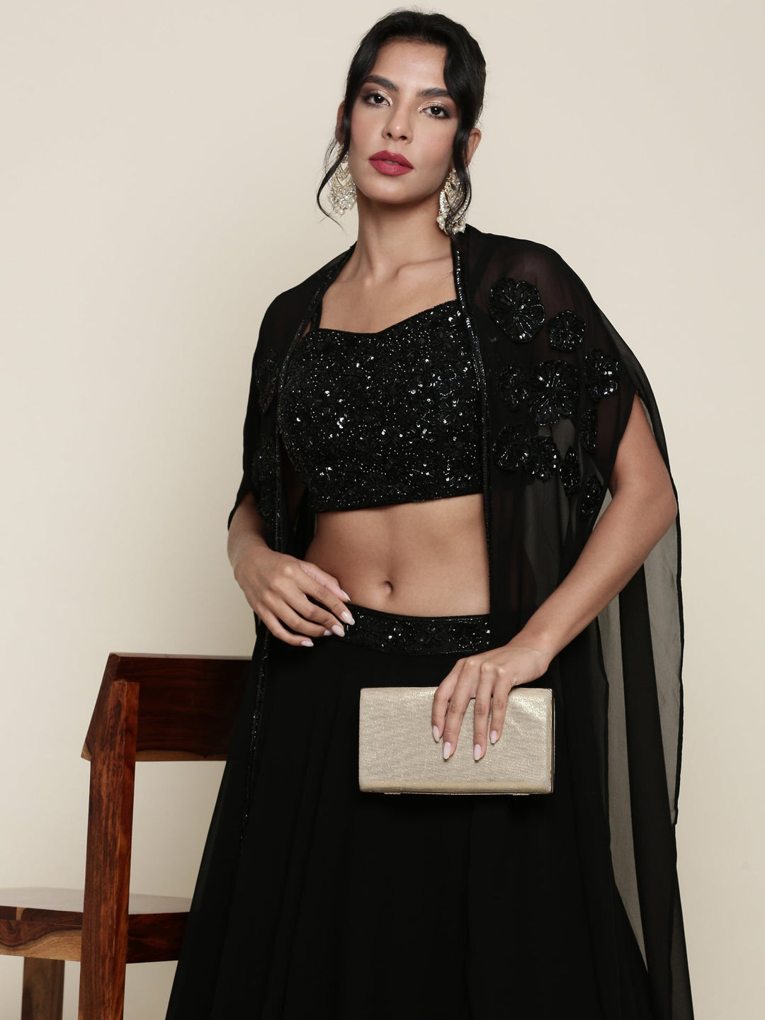 Neerus Black georgette embroidered co-ord set crop top palazzo - back view
