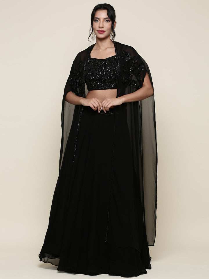 Neerus Black georgette embroidered co-ord set crop top palazzo - detail view 2