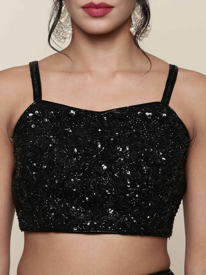 Neerus Black georgette embroidered co-ord set crop top palazzo - detail view 1