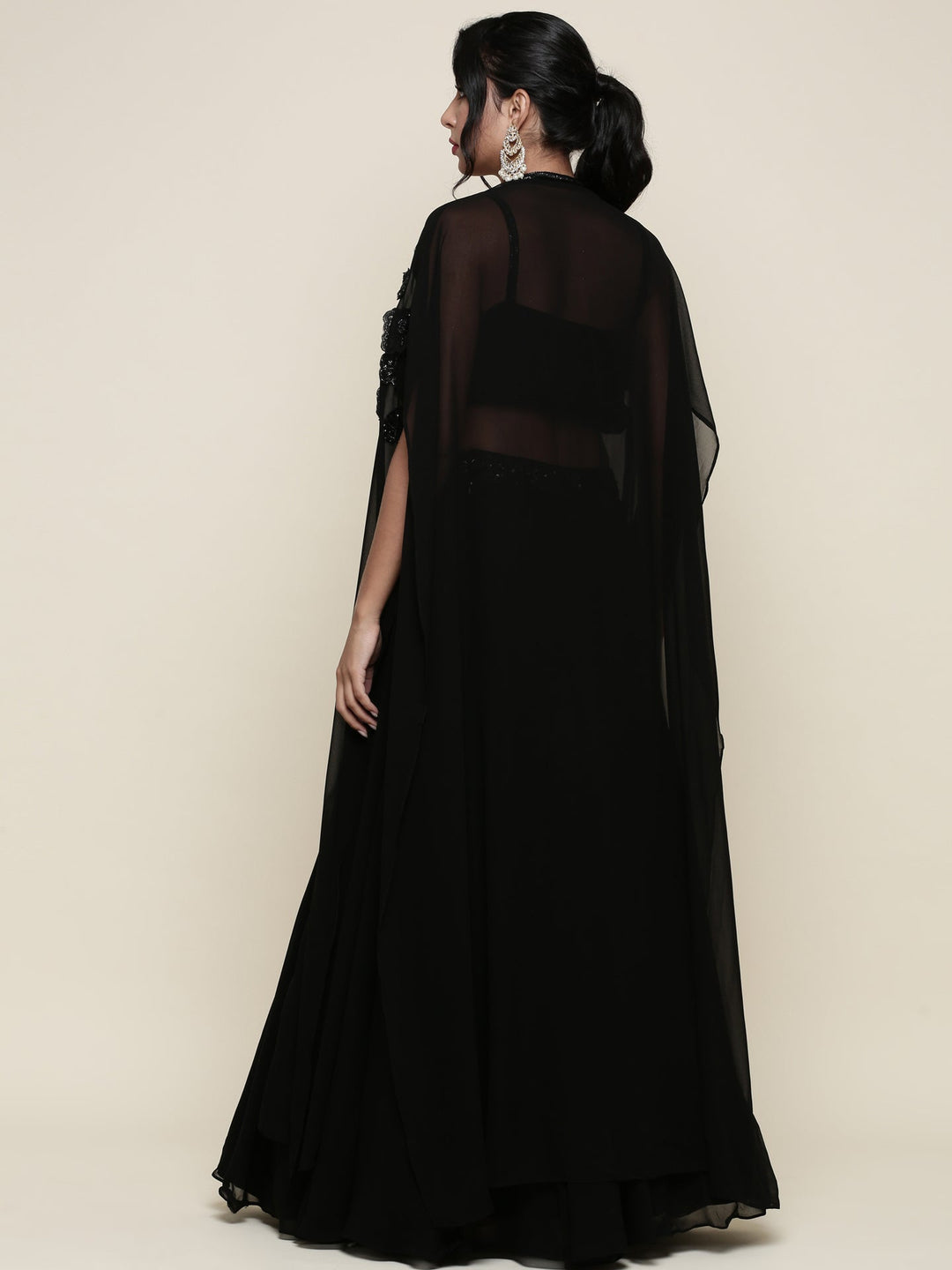 Neerus Black georgette embroidered co-ord set crop top palazzo - side view