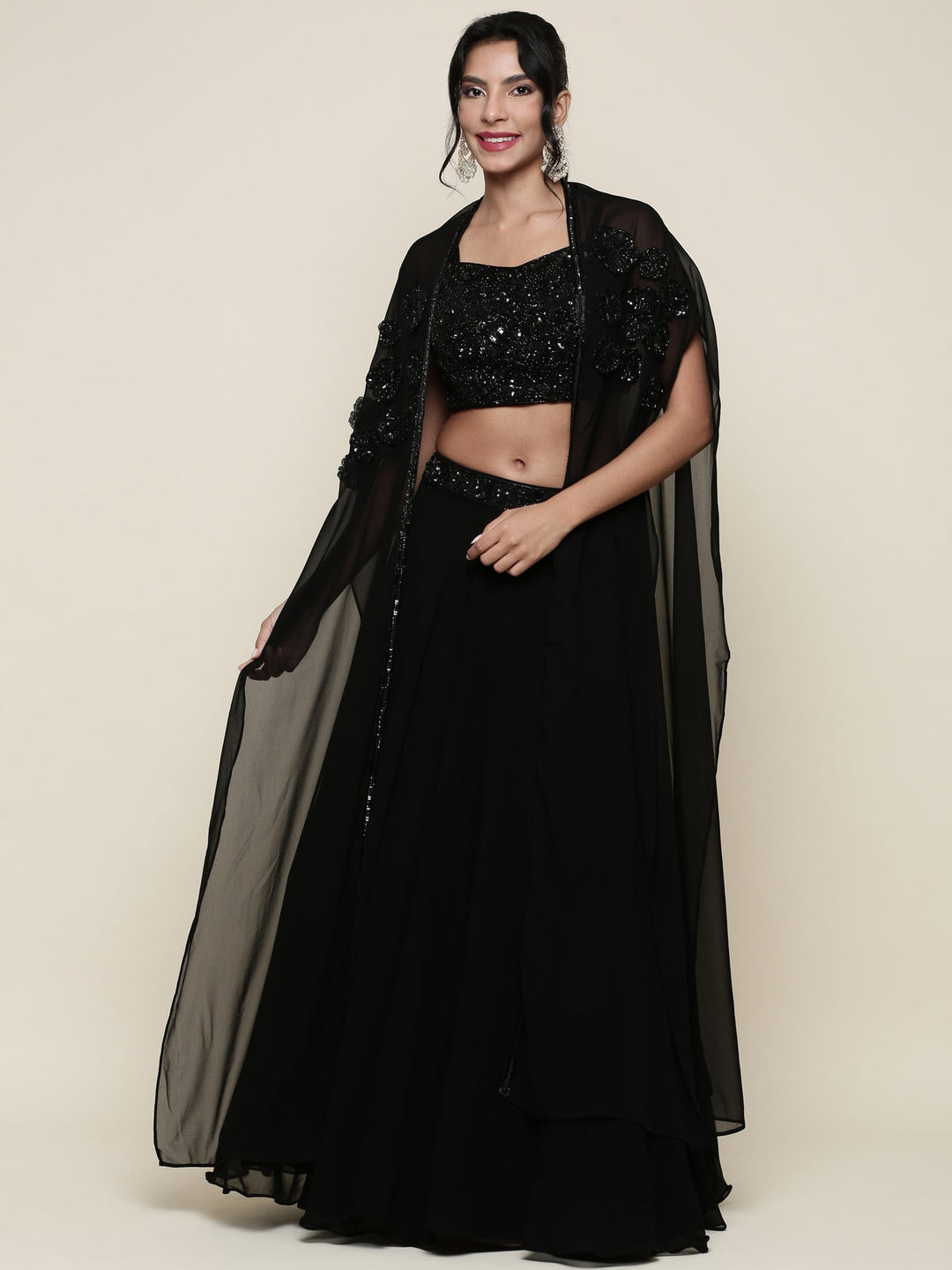 Neerus Black georgette embroidered co-ord set crop top palazzo - front view