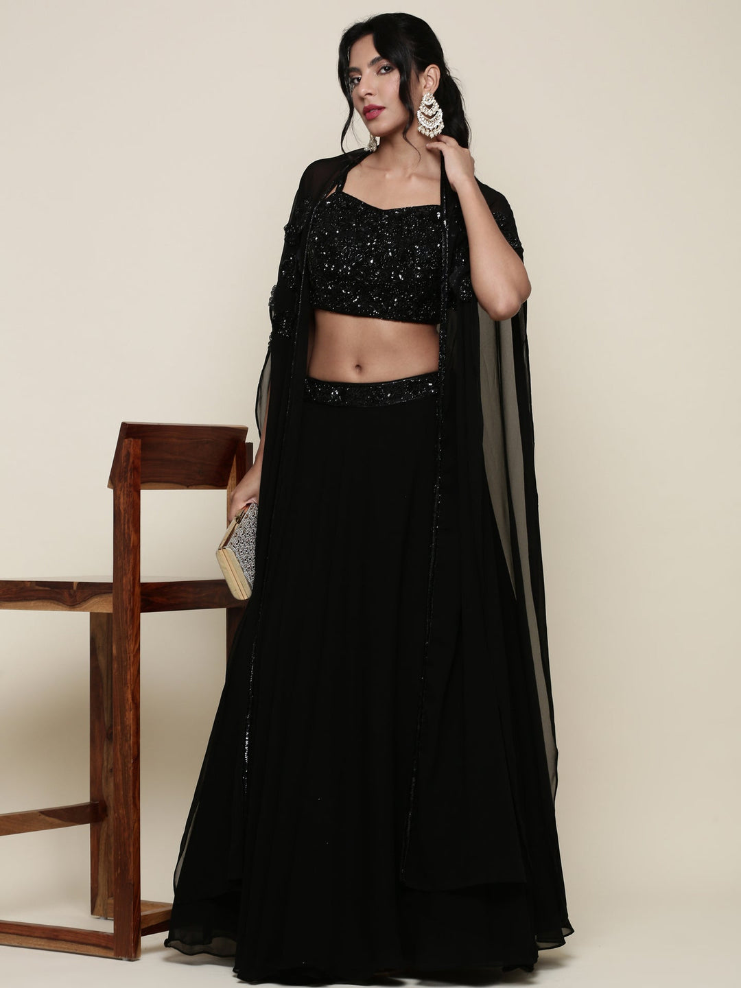 Neerus Black georgette embroidered co-ord set crop top palazzo - detail view 3