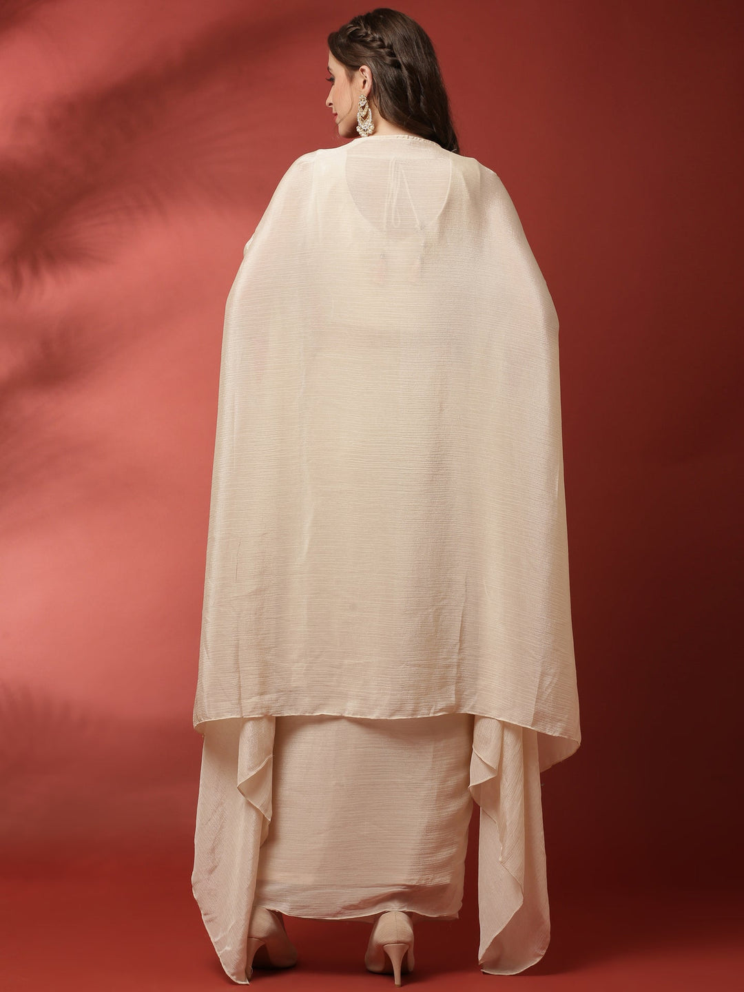 Neerus White Chinon hand embroidered co-ord set blouse skirt jacket - side view