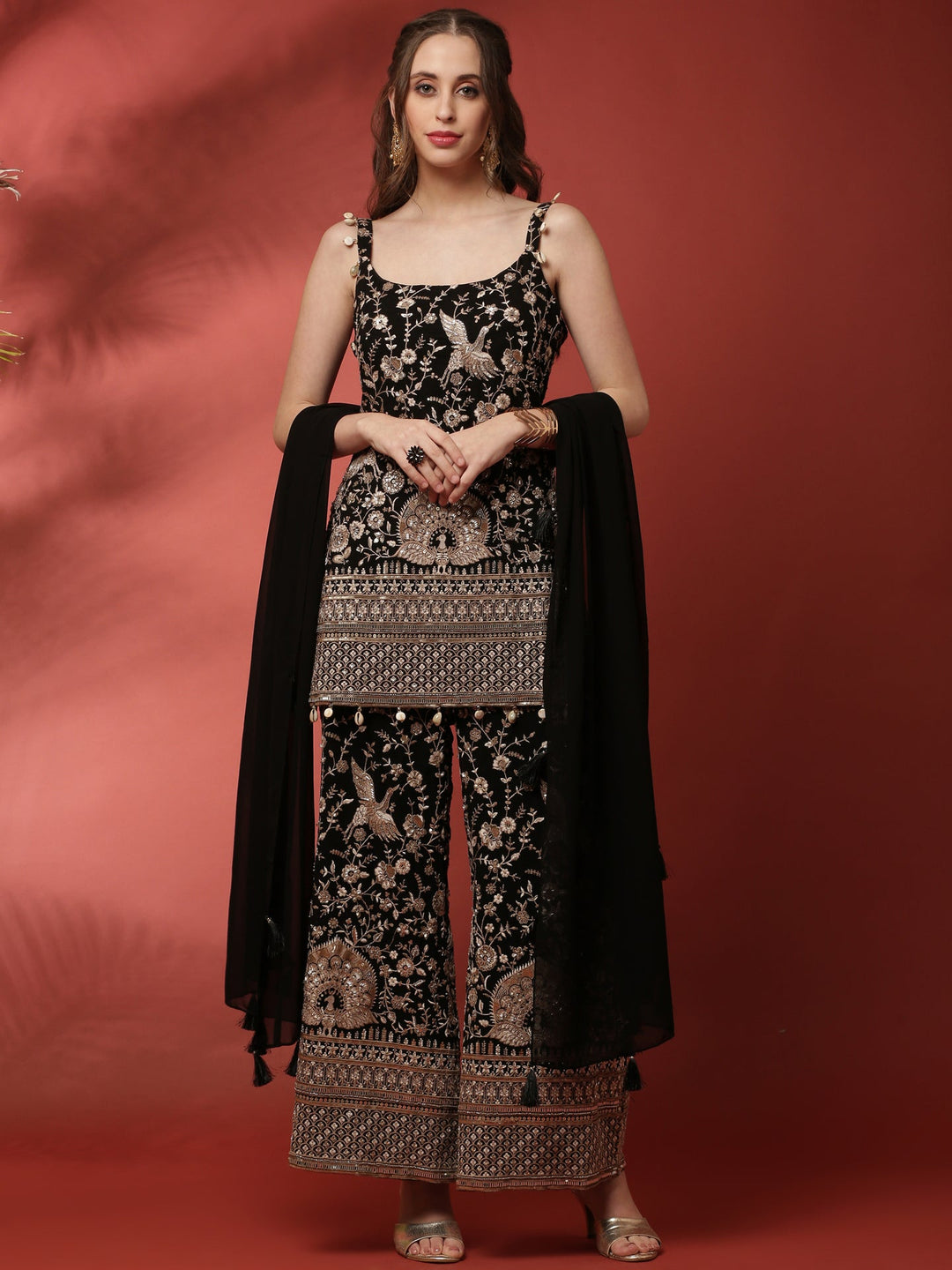 Neerus Black georgette embroidered suit set - front view