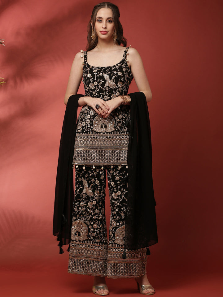 Neerus Black georgette embroidered suit set - front view
