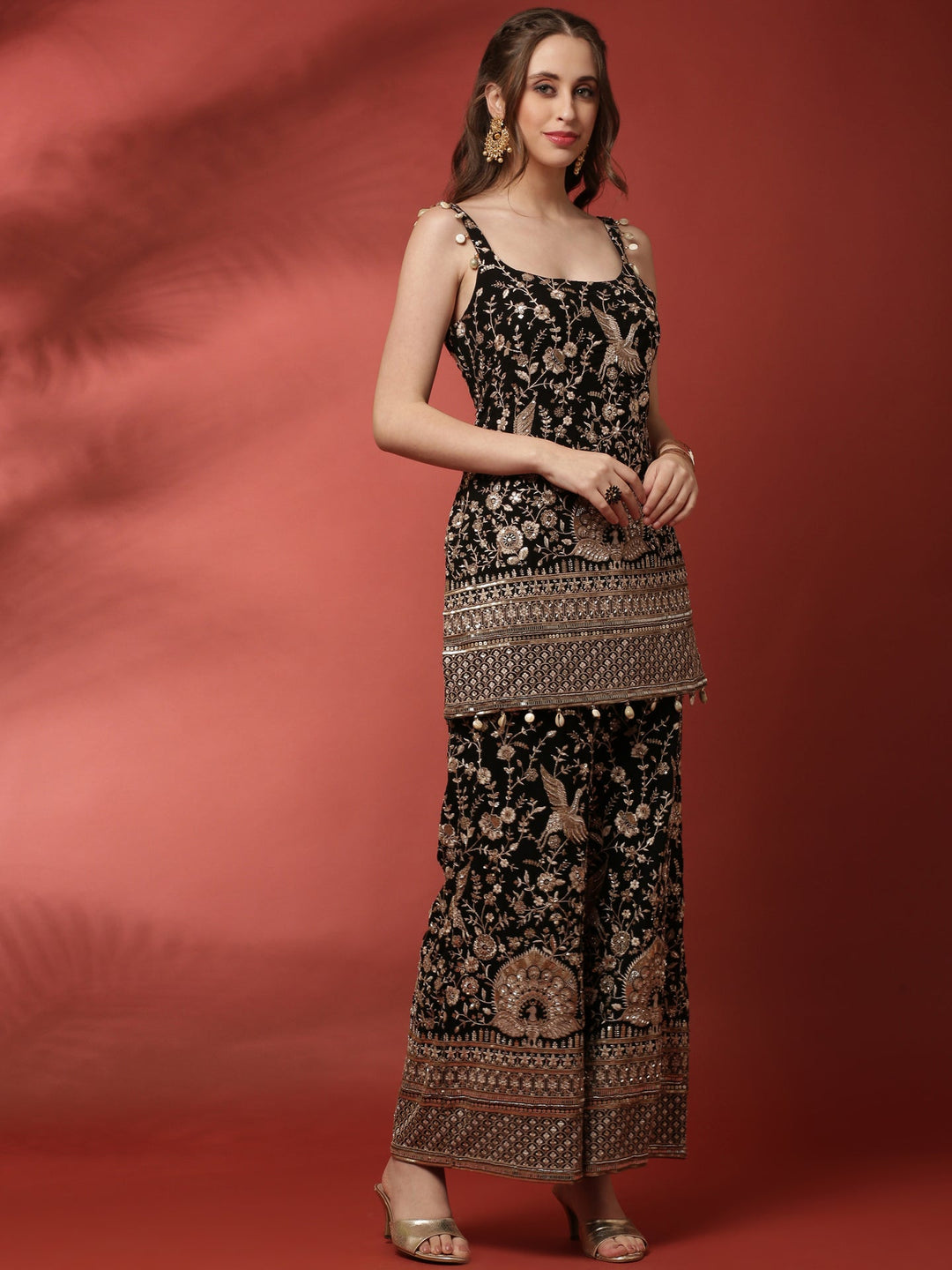 Neerus Black georgette embroidered suit set - back view