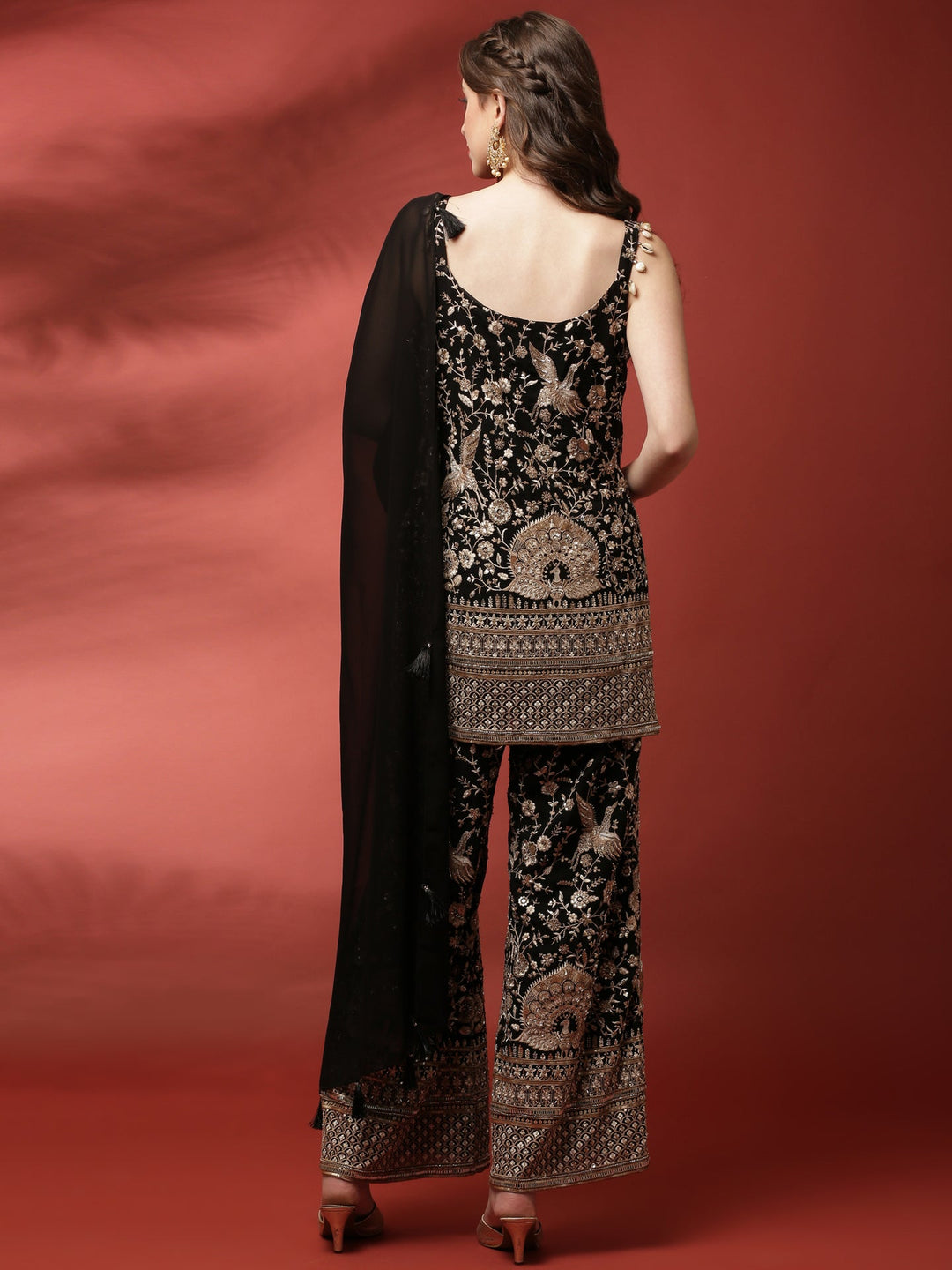 Neerus Black georgette embroidered suit set - side view